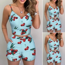 Sexy V-neck Cherry Printed SLing Crop Top + Shorts Two-piece Set