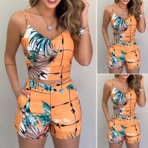Sexy Backless V-neck Printed Sling Top + Shorts Two-piece Set