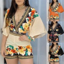Sexy Backless V-neck Trumpet Sleeve High Waist Printed Romper