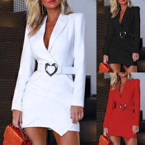 OL Style Long Sleeve V-neck Solid Color Slim Fit Dress (No Belt)