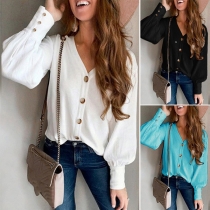 Fashion Solid Color Long Sleeve V-neck Front-button Top Cardigan