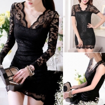 Sexy Hollow Out Lace Spliced Long Sleeve V-neck Slim Fit Dress