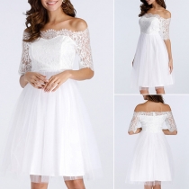 Sexy Lace Spliced Boat Neck Half Sleeve High Waist Dress