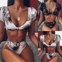 Sexy V-neck Short Sleeve High Waist Printed Bikini Set