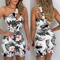 Sexy One-shoulder Sleeveless High Waist Printed Romper