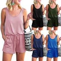 Fashion Sleeveless Round Neck Drawstring Waist Romper