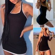 Sexy Backless Contrast Color Slim Fit Halter Dress