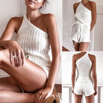 Sexy One-shoulder Sleeveless Top + Shorts Two-piece Set