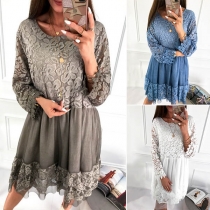 Sexy Lace Spliced Long Sleeve Round Neck Loose Dress