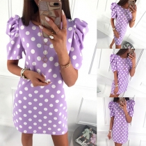 Fashion Puff Sleeve Round Neck Dots Printed Dress