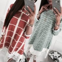 Fashion Long Sleeve Round Neck Lace Spliced Hem Printed Dress
