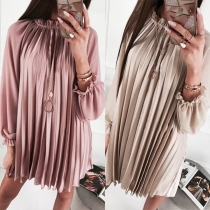 Fashion Solid Color Long Sleeve Ruffle Stand Collar Pleated Dress