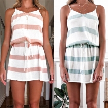 Sexy Backless V-neck Drawstring Waist Striped Sling Dress