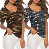 Fashion Short Sleeve Round Neck Camouflage Printed T-shirt
