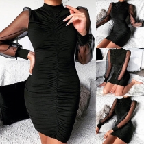 Sexy Gauze Spliced Long Sleeve Mock Neck Slim Fit Dress