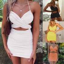 Sexy Backless V-neck Slim Fit Lace-up Halter Dress