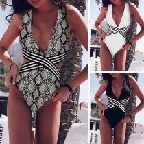 Sexy Backless Deep V-neck Printed One-piece Swimsuit