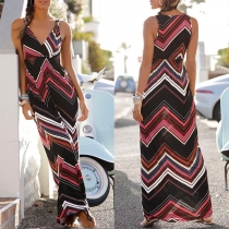 Sexy V-neck Sleeveless Colorful Wavy-stripe Printed Maxi Dress