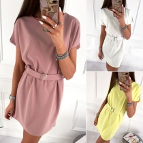 Fashion Solid Color Short Sleeve Round Neck Dress with Waistband