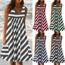 Fashion Sleeveless Round Neck Loose Striped Dress