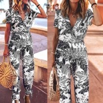 Sexy V-neck Short Sleeve High Waist Printed Jumpsuit