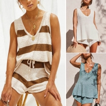 Fashion Sleeveless V-neck Knit Top + Shorts Two-piece Set