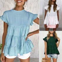 Fashion Solid Color Lotus Sleeve Round Neck Loose Top