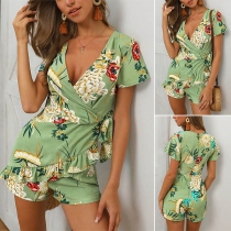 Fashion Short Sleeve V-neck High Waist Printed Romper