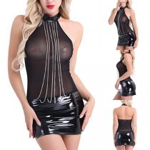 Sexy Backless PU Leather Spliced See-through Gauze Halter Dress