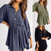 Fashion Solid Color Long Sleeve POLO Collar Irregular Hem Shirt Dress