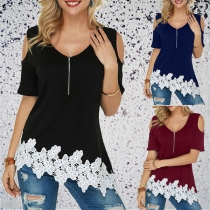 Sexy Off-shoulder Short Sleeve Lace Spliced Hem T-shirt