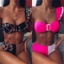 Sexy Contrast Color Printed One-shoulder Ruffle Bikini Set