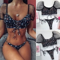 Sexy Gauze Spliced Short Sleeve Lace-up Printed Bikini Set