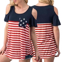 Sexy Off-shoulder Short Sleeve Round Neck Striped T-shirt