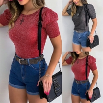 Fashion Solid Color Puff Sleeve Round Neck Slim Fit T-shirt