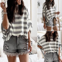 Fashion Dolman Sleeve Round Neck Loose Striped T-shirt
