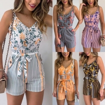 Sexy Backless V-neck High Waist Printed Sling Romper(The size runs small)