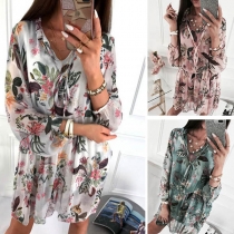 Sweet Style Long Sleeve V-neck Loose Printed Dress