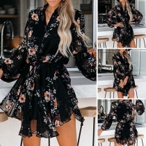 Fresh Style Long Sleeve V-neck Irregular Hem Printed Dress