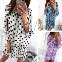 Fashion Long Sleeve Round Neck Dots Printed Ruffle Dress