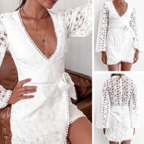 Sexy Hollow Out Lace Spliced Long Sleeve V-neck Dress