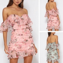 Sexy Off-shoulder Slim Fit Ruffle Printed Dress(The size runs small)