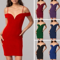 Sexy Off-shoulder V-neck Solid Color Slim Fit Sling Dress