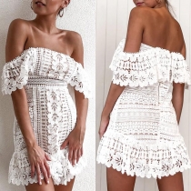 Sexy Off-shoulder Ruffle Boat Neck Holow Out Lace Dress