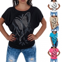 Fashion Butterfly Printed Short Sleeve Round Neck T-shirt