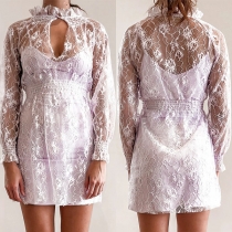 Sexy Long Sleeve Ruffle Stand Collar See-through Lace Dress