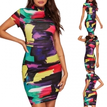 Fashion Colorful Printed Short Sleeve Mock Neck Slim Fit Dress