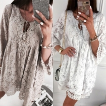Fashion 3/4 Trumpet Sleeve V-neck Loose Lace Dress