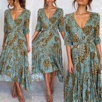 Fashion Half Sleeve V-neck Printed Dress