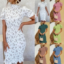 Fashion Short Sleeve Mock Neck Slim Fit Printed Dress